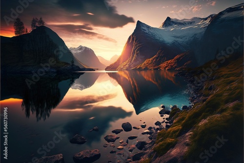  a mountain lake with a sunset in the background and a reflection of the mountains in the water in the foreground  and a few rocks in the foreground  and a few more.