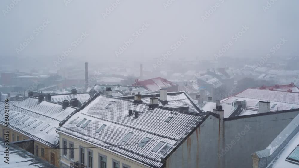 Overcast Cold Day With Snow Falling On Rooftops In Sankt Hanshaugen, Oslo. Static Shot Overcast Cold Day With Snow Falling On Rooftops In Sankt Hanshaugen, Oslo. Static Shot