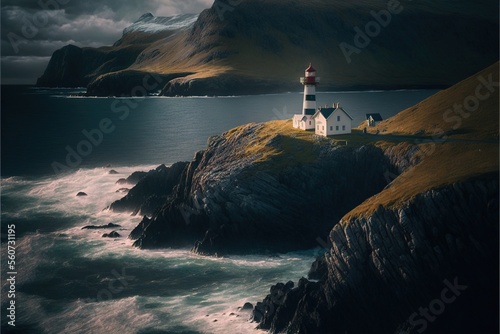  a lighthouse on a rocky island with a body of water below it and a mountain in the background with clouds in the sky above it and a dark sky with a few clouds above it. photo