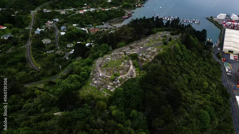 Cemetery near port Chalmers in Dunedin city, aerial drone view Cemetery near port Chalmers in Dunedin city, aerial drone view