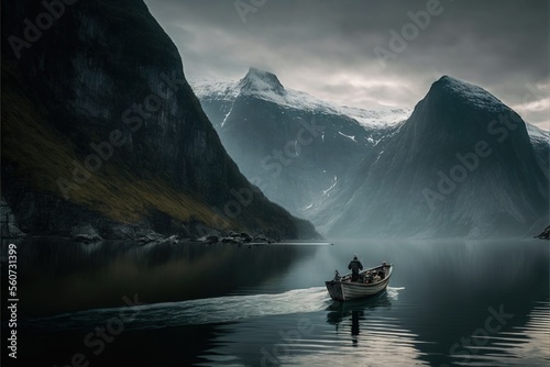  a man in a boat on a lake with mountains in the background and a cloudy sky above him, with a person standing in the boat in the water, and a dark sky with. © Anna