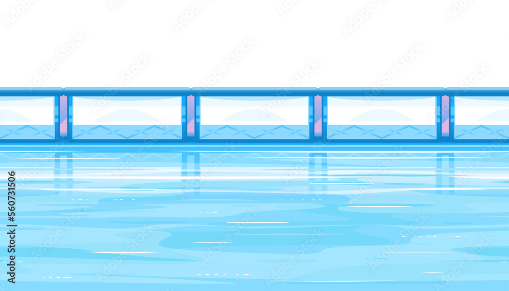 Skating rink without people with a fence and clear blue ice, background for the winter sports and games, place for figure skating and hockey, tileable horizontally, eps10 with transpatents