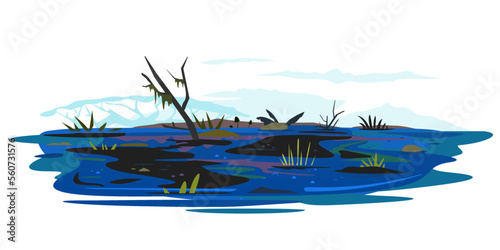 Dark wild swamp landscape with dirty water and various plants, dead trees with stones and plants, ecological disaster, dirty toxic effluents, environmental pollution, isolated