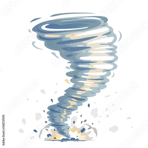 One big cartoon tornado with spiral twists, dust and stones, illustration of dangerous natural phenomenon, isolated