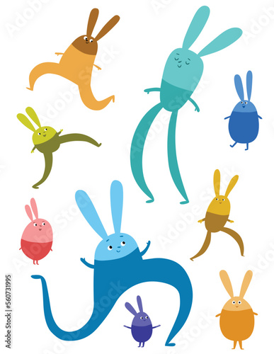 Collection of colorful cheerful cartoon vector rabbits, smiling, dancing and walking.   (ID: 560731995)
