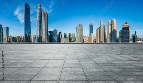 Fototapeta Naklejka Na Ścianę i Meble -  Empty square floor and city skyline with modern buildings in Shanghai, China.