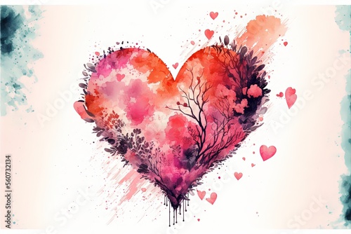Valentine s Day watercolor wallpaper with Heart and couple in love no text Ai generated art
