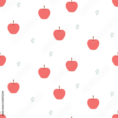 Seamless vector pattern with cute hand drawn red apples. Fun design. Summer fruity background for kids room decor, nursery art, packaging, apparel, gift, wrapping paper, textile, fabric, wallpaper.