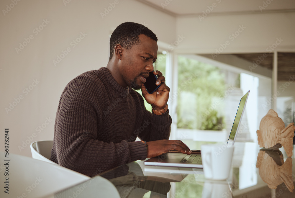 Phone call, laptop and black man in work from home office for online consulting connection. Freelancer talking on mobile communication, computer and tech consultant on website, internet and planning Phone call, laptop and black man in work from home office for online consulting connection. Freelancer talking on mobile communication, computer and tech consultant on website, internet and planning