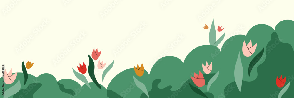 Fototapeta premium Nature background with wild tulip flowers, grass. Cute garden horizontal banner. Decorative spring meadow blloms border. Cartoon flat vector illustration
