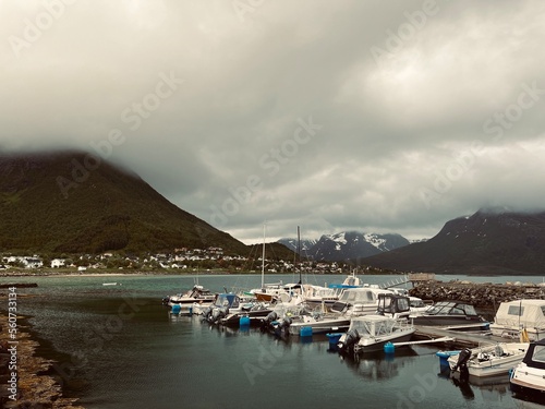 Norwegian fjords view, summertime, no people, cloudy and peaceful photo