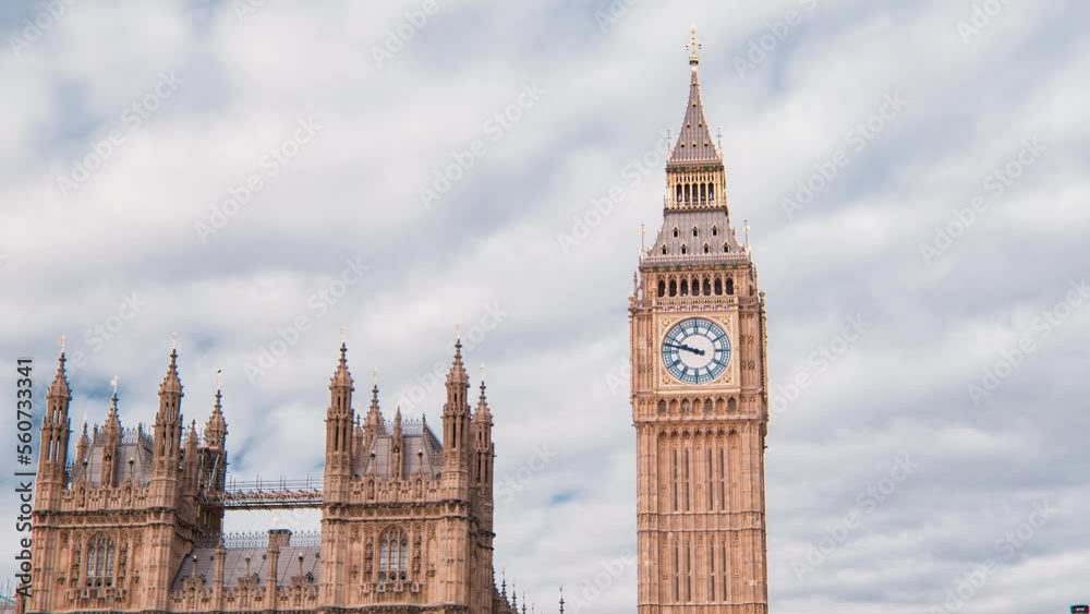Cinematic Close up View of London Westminster Big Ben Clock and London Palace of Westminster Parliament United Kingdom on a beautiful sunny day