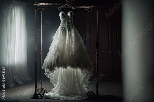 Elegant wedding dress , prom dress on hanger. Generative AI
