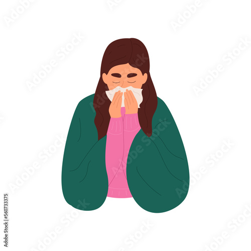 Young woman with cold and runny nose. Girl wrapped in plaid blowing her nose into a disposable paper napkin. Colored flat vector illustration isolated on white background