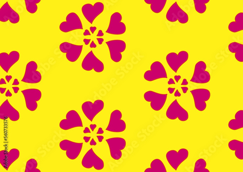 Pink red heart pattern on yellow background for fabric pattern, gift wrapping paper.