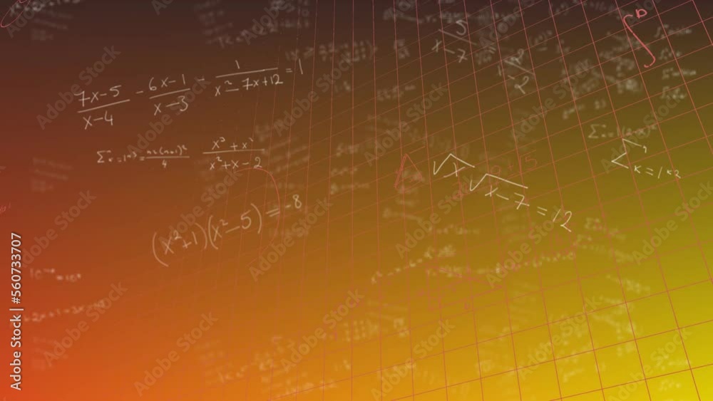 Animation of mathematical equations floating over grid network against orange gradient background Animation of mathematical equations floating over grid network against orange gradient background