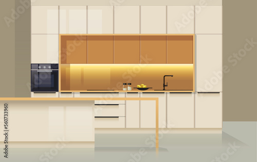 Modern Kitchen interior with island front view realistic flat vector illustration. Beige kitchen cabinets and bar counter.