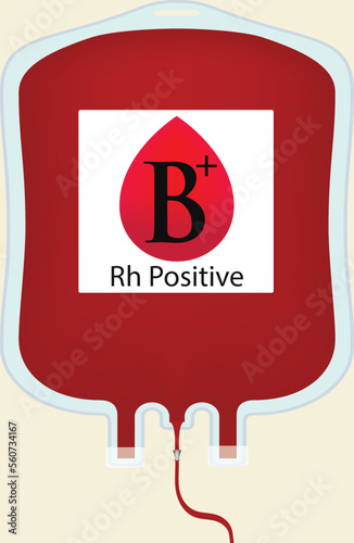 Realistic blood bag isolated with red plasma for blood transfusion, Blood type B+