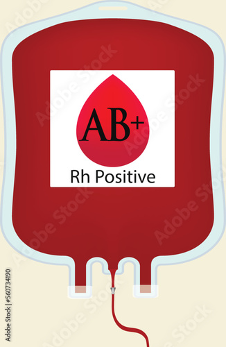 Realistic blood bag isolated with red plasma for blood transfusion, Blood type AB+