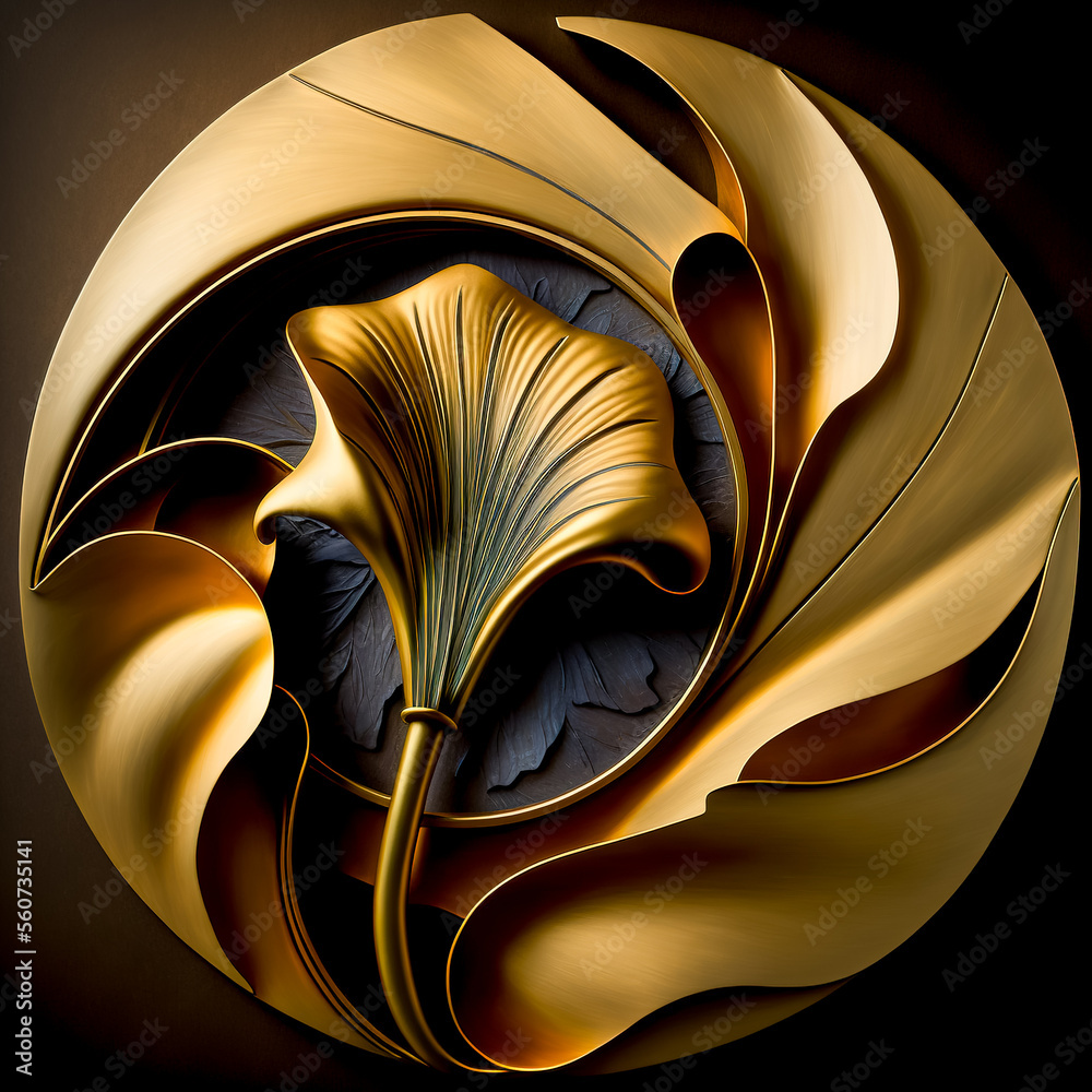 golden flower on dark background. Natural botany floral. Design of realistic, voluminous, metal, gold. Generative AI
