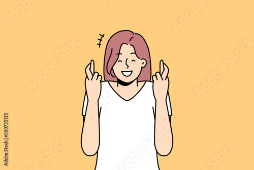 Smiling girl cross fingers make wish. Happy young woman feel hopeful believe in good things, asking for dream come true. Superstition. Vector illustration. 