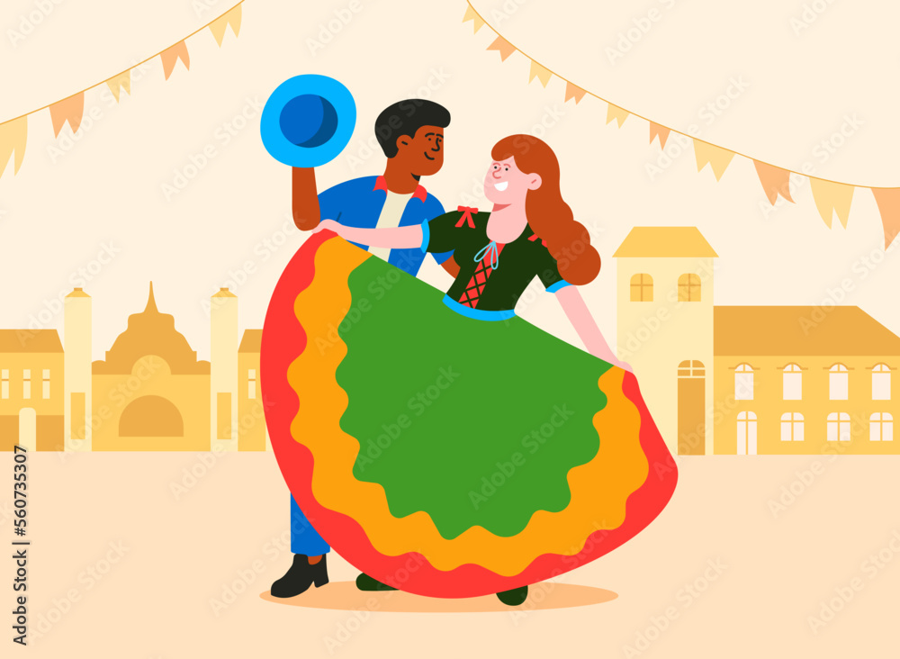 Casal de brasileiros dançando quadrilha em uma festa junina. Arte Vetorial.