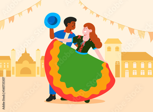 Casal de brasileiros dançando quadrilha em uma festa junina. Arte Vetorial. photo