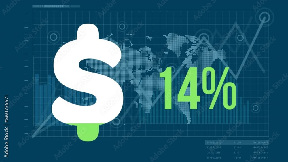 Animation of american dollar sign filling up with green with percent and financial data processing Animation of american dollar sign filling up with green with percent and financial data processing