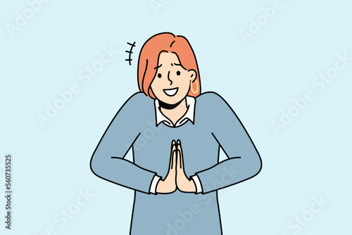 Smiling young woman hold hands in prayer asking for favor. Millennial female beg someone kindness or service. Vector illustration. 