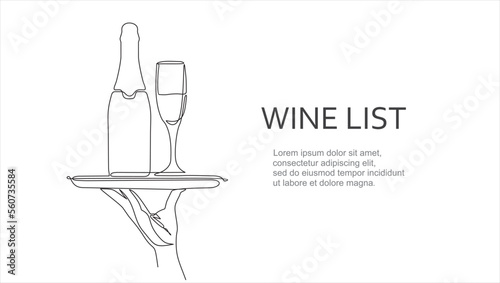 Drinks menu. Continuous line vector illustration of hand holding dish with champagne with wine glass. Vector illustration. Illustration with quote template. Can used for Drinks menu restaurant sketch.