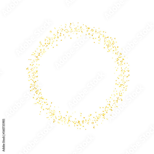 Golden round frame, sparkles. Shiny gold circle crumbs. Glitter dust isolated. Confetti. Png photo