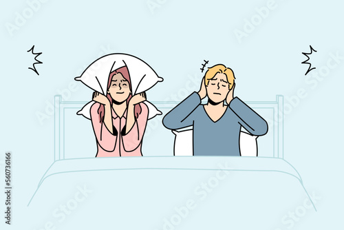 Unhappy couple in bed suffer from excessive noise unable to sleep. Upset distressed man and woman struggle with noisy neighbors. Vector illustration. 