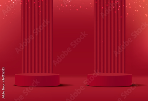Realistic 3d scene vector, love scene 3d, red stand vector, geometric form banner, modern scene for product, podium mockup, valentine's day podium