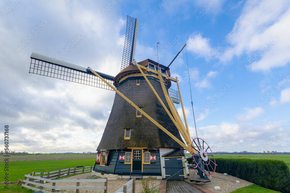 Obraz premium Countryside landscape view of traditional Dutch windmill under blue sky in winter, Polder, water and low land, Small canal, ditch with green grass field along Gein river, Abcoude, Utrecht Netherlands.