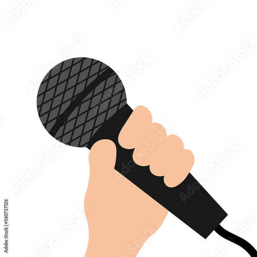 Hand holding microphone. Guy man woman girl singing. Music karaoke party. Cute cartoon funny character. News journalist speech concept. Flat design. White background.