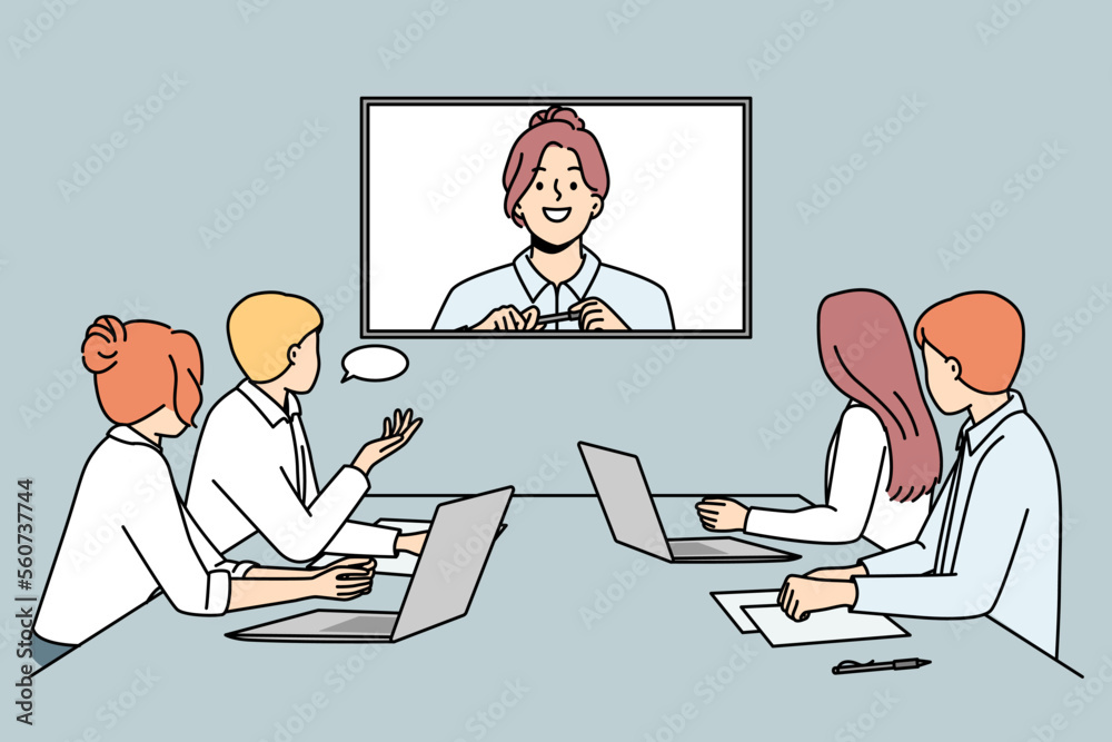 Smiling businesswoman talk on video call with colleagues in office. Businesspeople have web conference in boardroom. Digital communication. Vector illustration. Smiling businesswoman talk on video call with colleagues in office. Businesspeople have web conference in boardroom. Digital communication. Vector illustration.