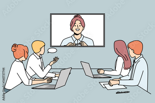 Smiling businesswoman talk on video call with colleagues in office. Businesspeople have web conference in boardroom. Digital communication. Vector illustration. 
