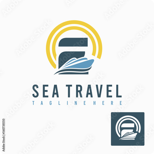 Initial E Letter with Ship Marine, Wave and Sun Icon for Travel Holiday Agency Business Logo Idea Template