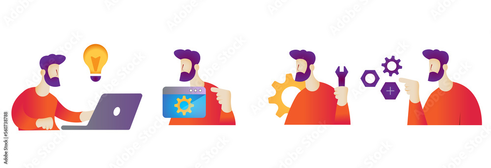 Fototapeta premium Set of 4 Design, Engineering concepts (solution, testing, troubleshooting, mechanics) clean colorful vector illustration design. isolated jpeg image on white background. Version 1.