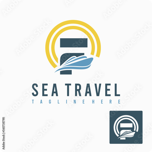 Initial F Letter with Ship Marine, Wave and Sun Icon for Travel Holiday Agency Business Logo Idea Template
