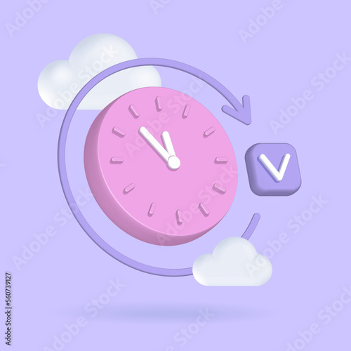 Time management concept. Deadline and quick response and feedback. Round clock in plastic cartoon style. Vector 3d render illustration with check mark, round arrow and clouds.
