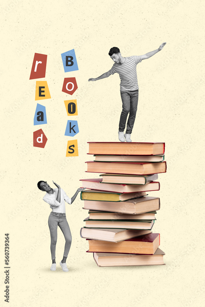 3d retro abstract creative collage artwork template of friends standing huge book stack isolated painting background - obrazy, fototapety, plakaty 