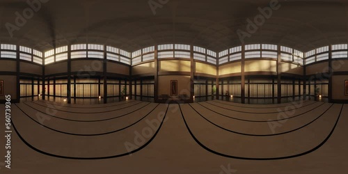 Traditional Japanese Karate Dojo. Empty, climatic 3D scene with animated day light. 3D rendered footage in 4k, 360, VR. Great footage to add some content in the middle of scene.