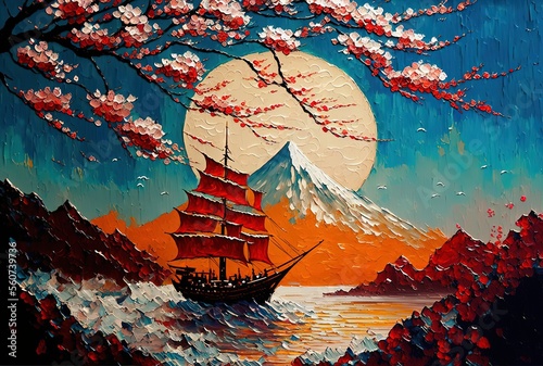 illustration of ancient frigate ship with sakura flowers blossom in spring time against sunlight photo