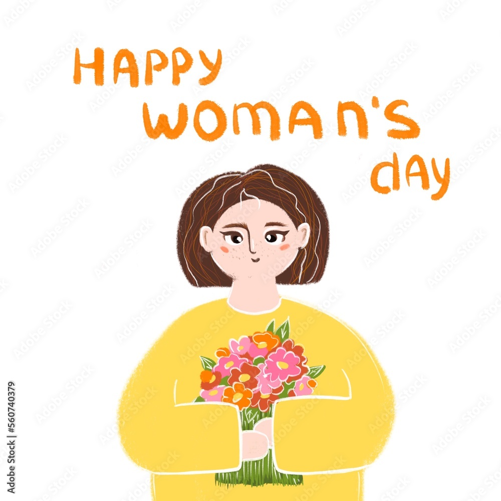 Happy woman’s day! a girl with a short haircut with flowers Happy woman’s day! a girl with a short haircut with flowers