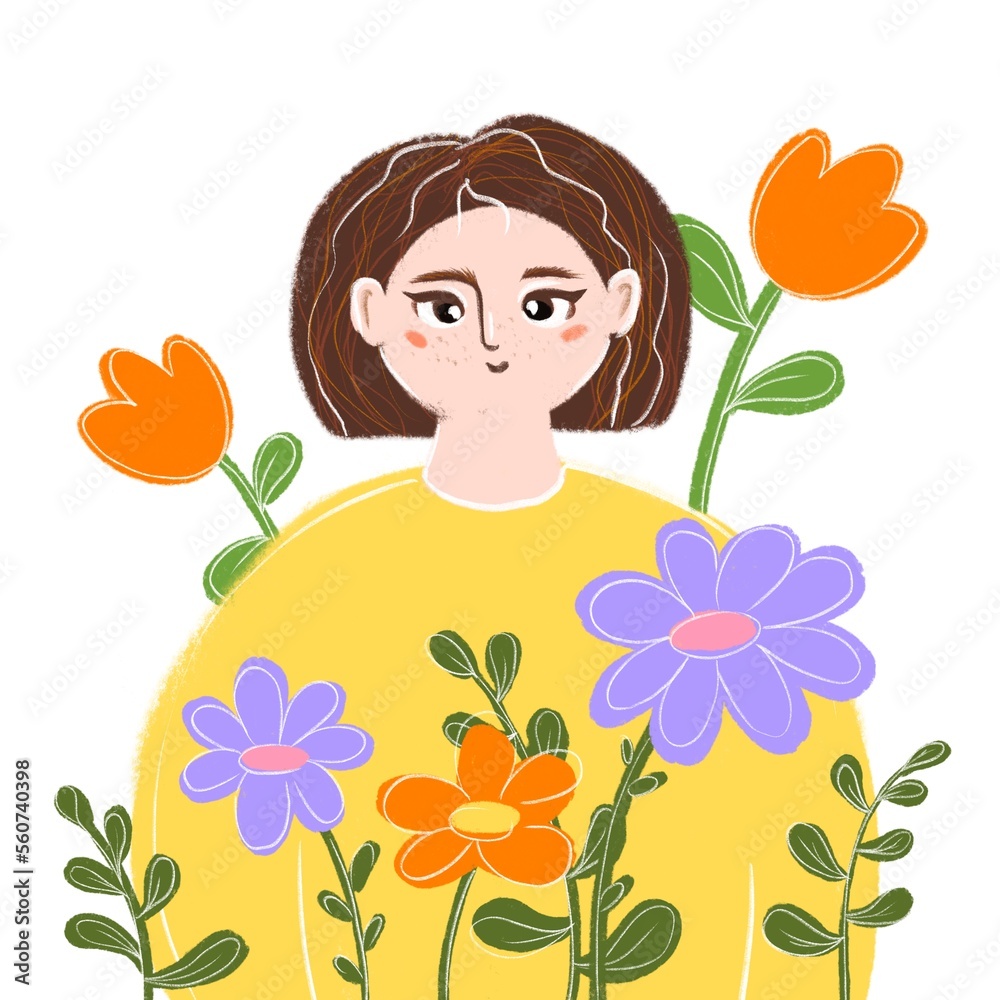 a girl with a short haircut with flowers