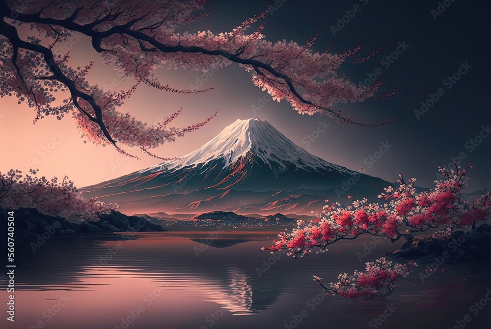 Illustration of pink romantic Fuji mount in imagination