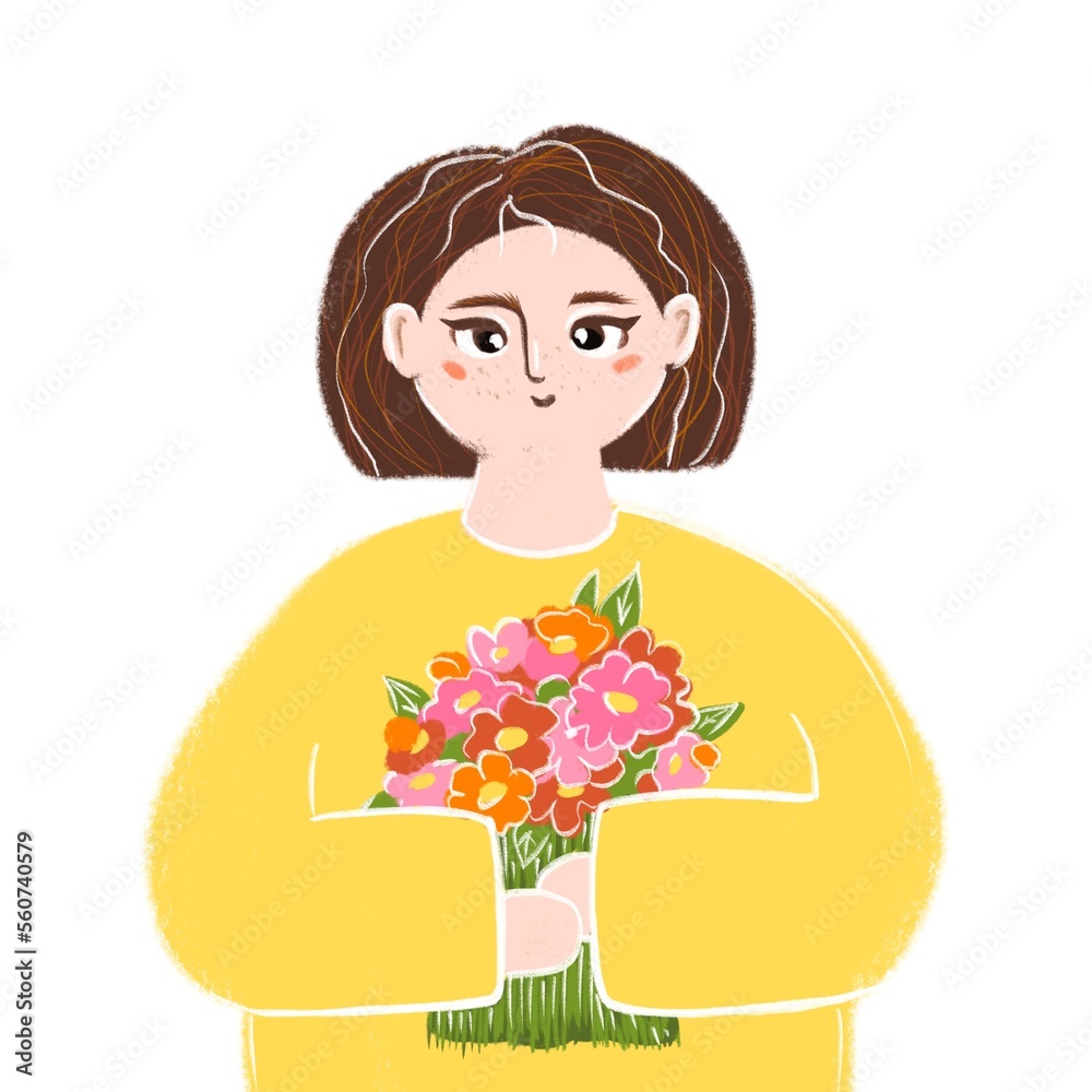a girl with a short haircut with flowers a girl with a short haircut with flowers