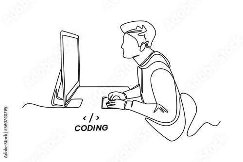 Single one line drawing Programmers or developers make programming language code in front of the computer. Programming code concept. Continuous line draw design graphic vector illustration.