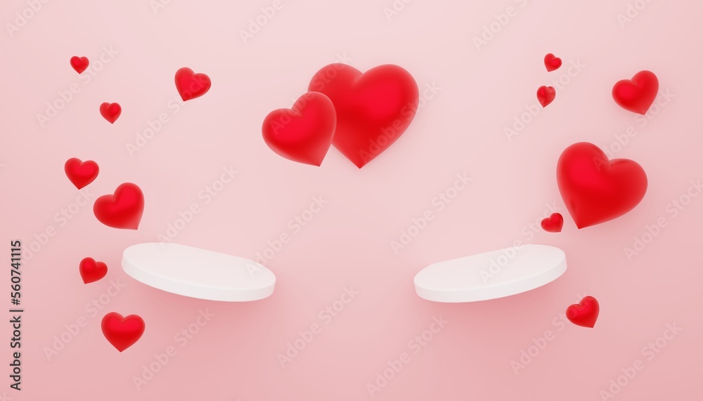 Two white podiums with red hearts on pastel pink background to show products. 3D rendering